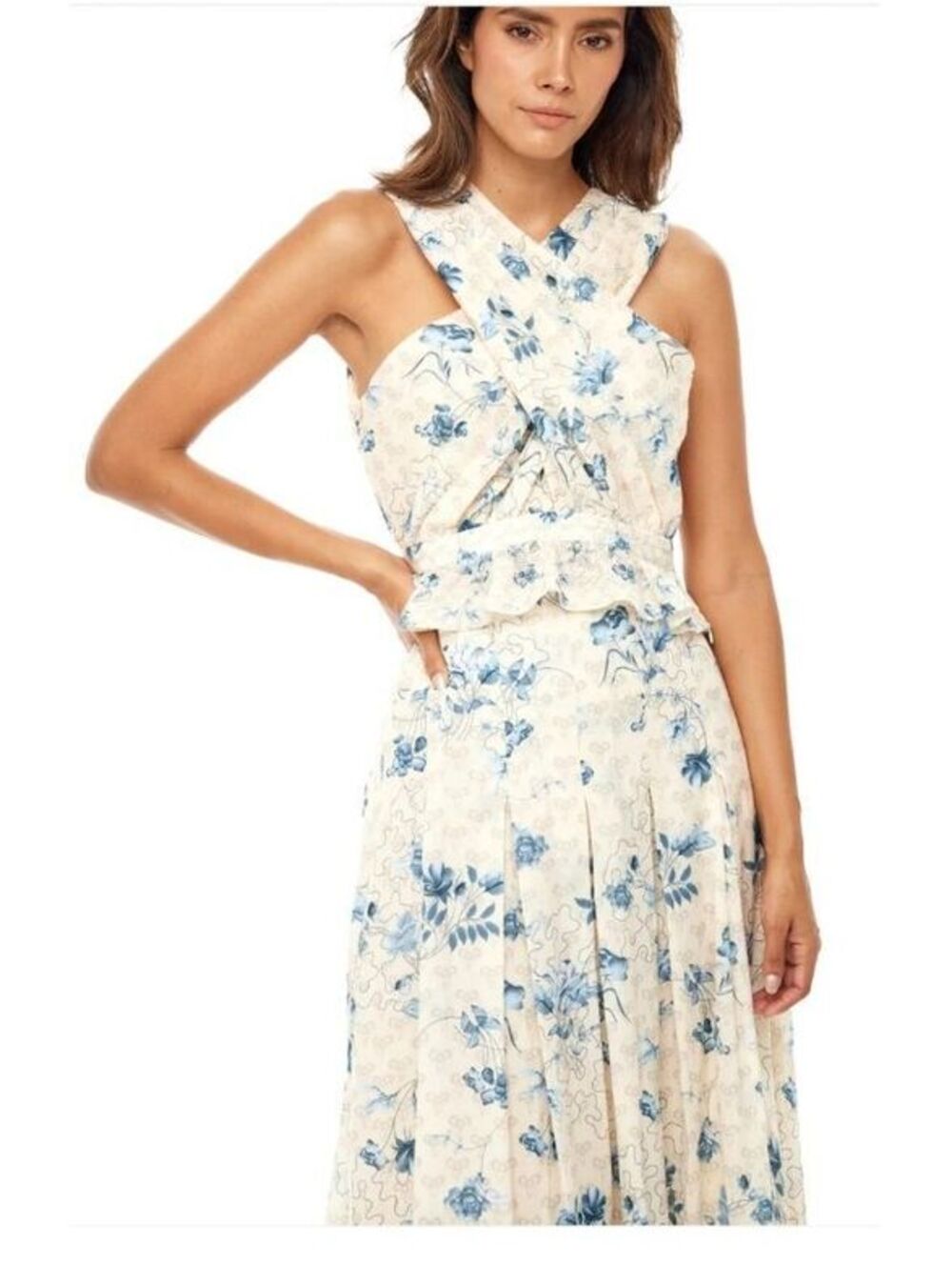 Anna Cate Womens Cream Blue Floral Wrap Sleeveless Top Blouse Lined Size Medium